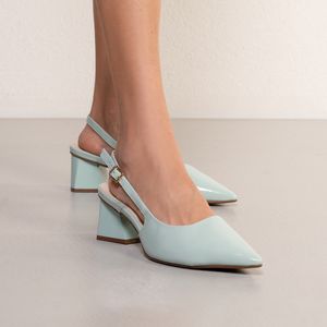 Sapato Feminino Salto Bloco Fivela Bebece Azul Claro