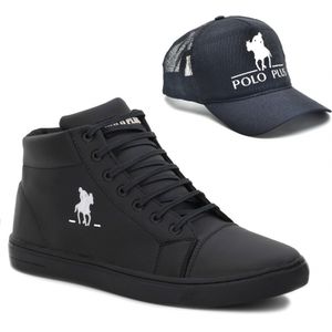 Kit Tênis Casual Com Boné Básico Polo Plus Masculino Preto