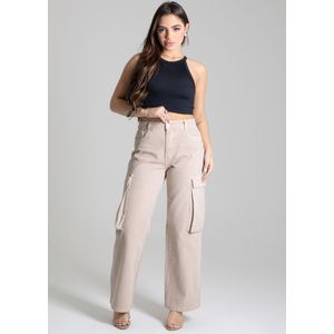 Calça Sarja Sawary Wide Leg Feminina Bege