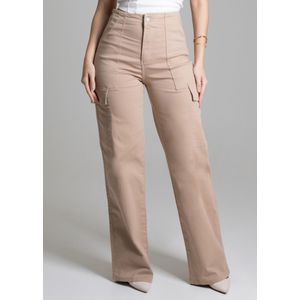Calça Sarja Sawary Wide Leg Feminina Bege