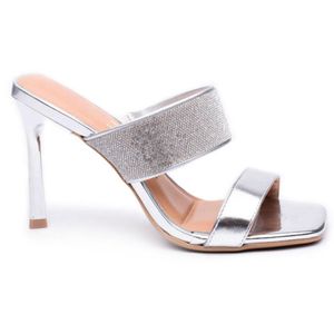 Tamanco Vizzano Salto Alto Tira Grossa Strass Feminino Prata
