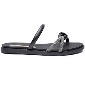 Tamanco Rasteiro Moleca Papete Tira Strass Feminino Preto