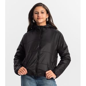 Jaqueta Puffer Juvenil Feminina Com Capuz Minty Preta