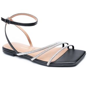 Sandália Rasteira Vizzano Tiras Strass Feminino Preto