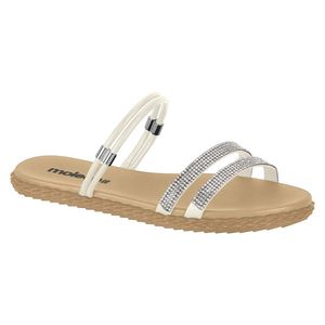 Sandália Feminina Tiras Rasteira Moleca Branco Off Prata
