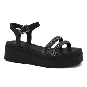 Sandália Feminina Plataforma Tiras Brilho Ramarim Preto