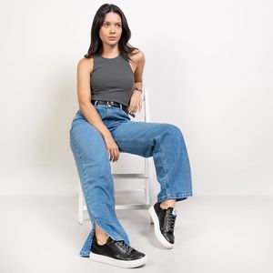 Tênis Feminino Casual Cadarço Brilho Quiz Preto
